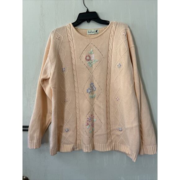 Tulchan XL Pink Floral Flower Pullover Sweater 100% Pure Cotton Pastel Spring - Picture 1 of 15